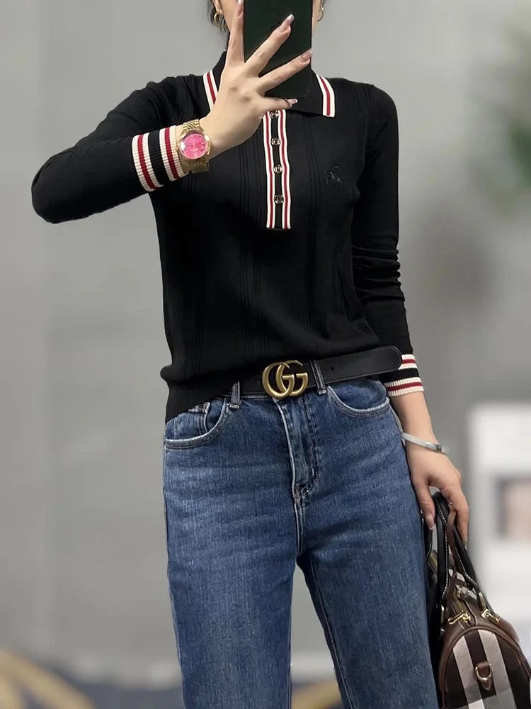 

Slimming Briti Sle Long Sve Knitted Ne Striped Color Versatile Women's Autumn New Arrival Faion Top