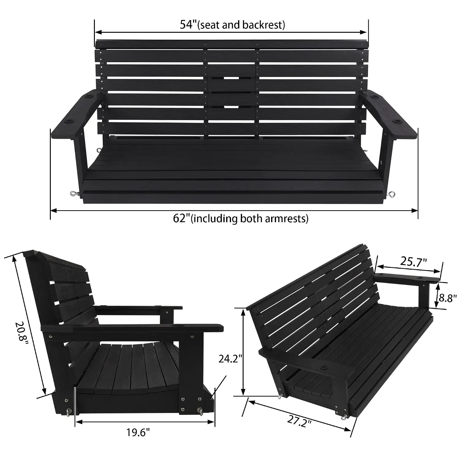 Poly Lumber 3-Seat Porch Swing, 5ft HIPS Bench, Foldable Cup Holders, Steel Hardware, High Back & Deep Seat, Black, Customized