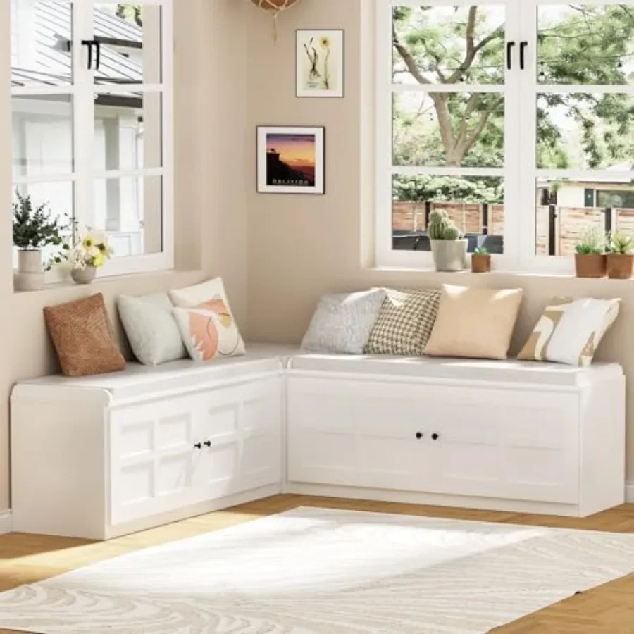 L-shaped storage bench for corner dining, 63 inches, wood construction, beige fabric cushion, space-saving and multifunctional
