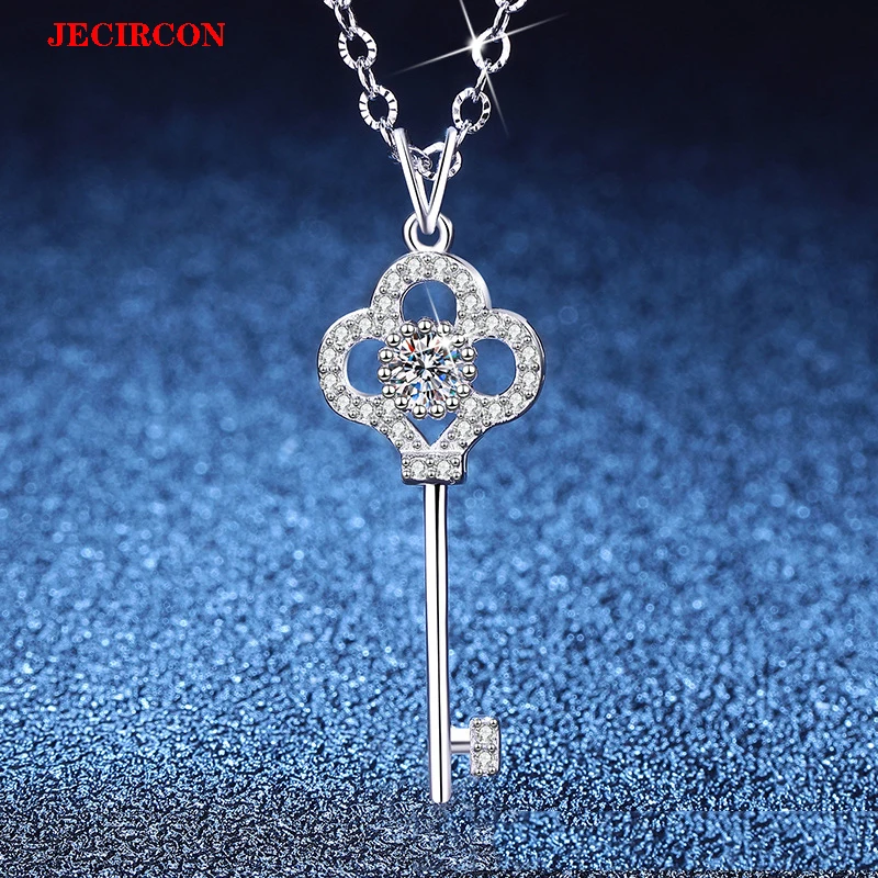 

JECIRCON 0.3ct Moissanite Necklace S925 Sterling Silver Key Pendant Intricate Clover like Design Trendy Fine Jewelry for Women