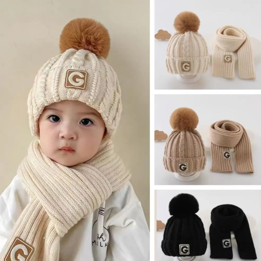 

Thicken Children's Hat with Scarf Neck Warmer Ball Crochet Hat Korean Style Solid Color Baby Ear Protection Hat Girls