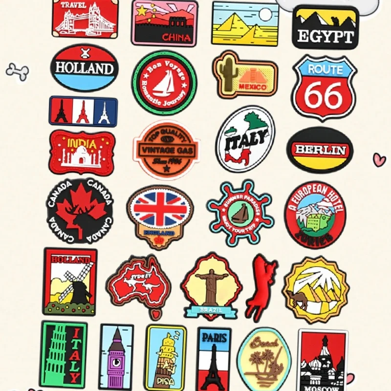 

28Pcs World Scenic Spots Shoe Charms PVC DIY Garden Sandal Clog Decorations Buckle Set for Kids X-mas Gift Ideas