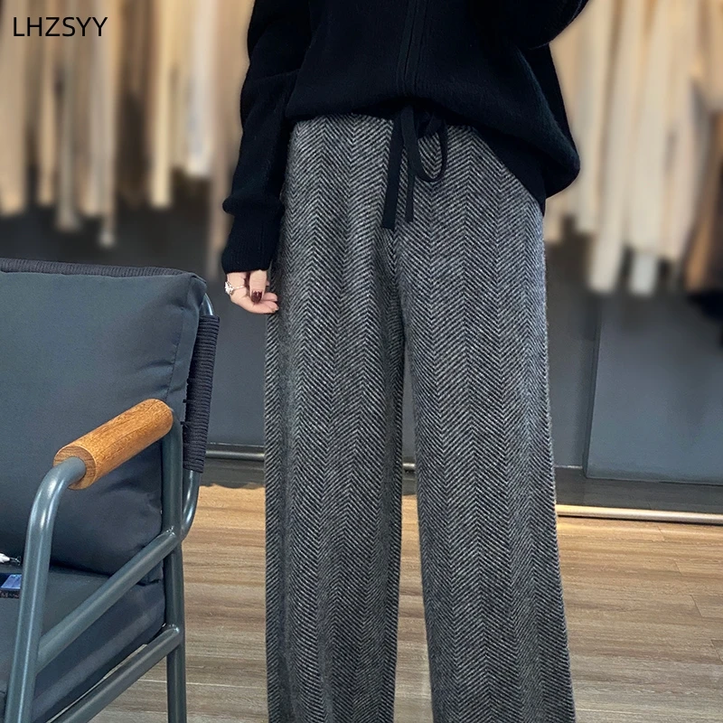 LHZSYY Autumn Winter New 100%Pure Wool Wide-Leg Pants Women\' High-Waist Korean Straight Leg Pants Loose Wear Cashmere Knit Pants