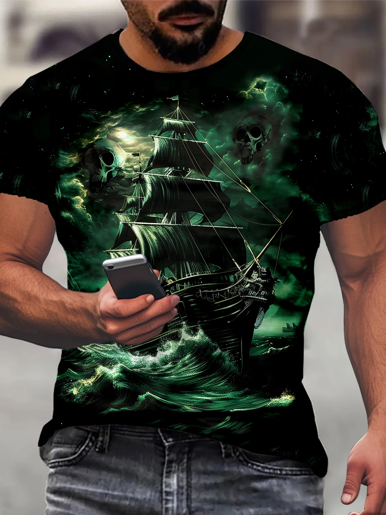 3D Digital Sailboat, Sea Wave And Skull Pattern Crew Neck  T-shirt, Novel And Stylish Summer Tops For Men's Street Wear