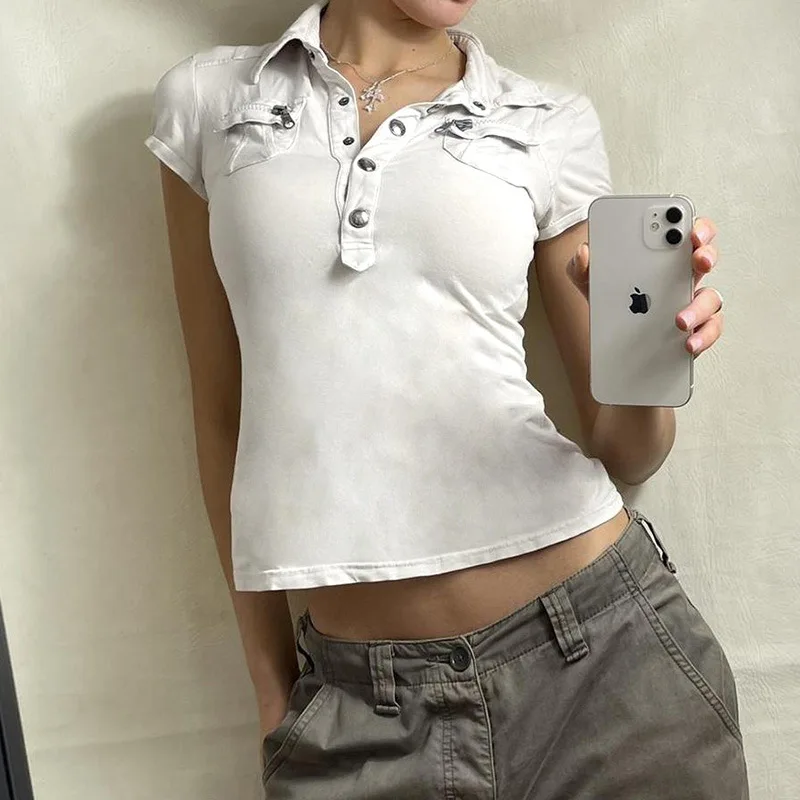 파이온 스트리트 슬레 여성 티셔츠 오르트 스웨 턴다운 칼라 베이직 컬러 스파이시 걸 크로스보더 탑 신상