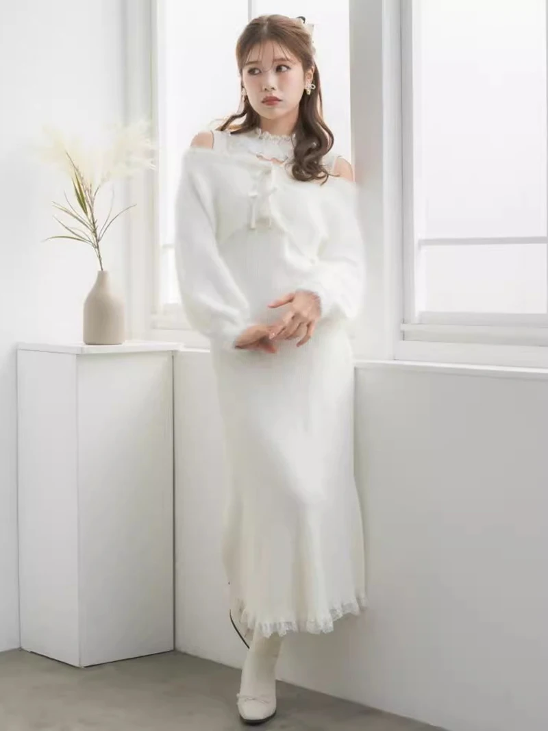 Robe longue en tricot pour femmes, ensemble 2 pièces, Smock, japonais, doux, élégant, Slim, épaules dénudées, Cardigan, nouvelle collection automne hiver