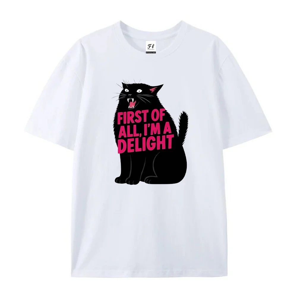 First Of All I'm A Delight Funny Black Cat Graphic T Shirt Women Casual Round Neck Short Sleeve Streetwear Sarcastic Tee Tops