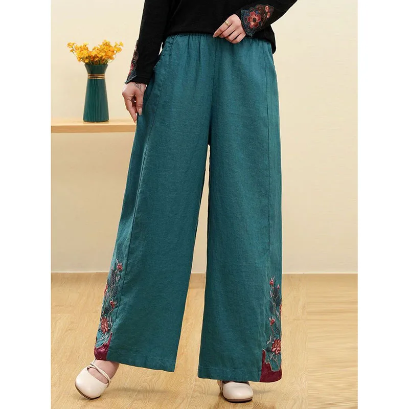 

New Casual Pants 2024 Spring And Summer Embroidery Wide Leg Straight Literary Retro Loose Joker Slim Casual Pocket Long Pants