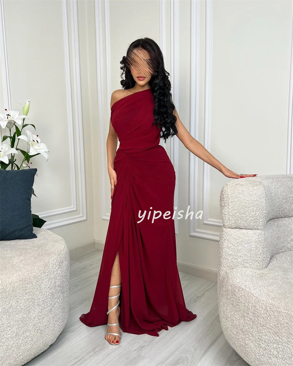 Customized Sizes Available High Quality Chiffon Pleat Ruched A-line One-shoulder Long Dresses Bespoke Occasion Dresses Casual