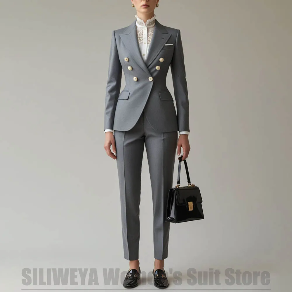 

Gray Women's Double Breasted Suit 2 Piece Peak Lapel Slim Outfit Formal Office Work Business Party Elegant Professional Suits
