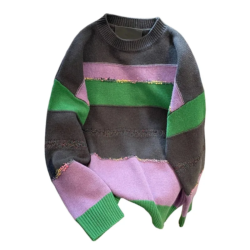 

Panelled Color Striped Sweater Women Pullovers Loose O Neck Knit Jumper Female 2023 Winter New Soft Base Sweater Women