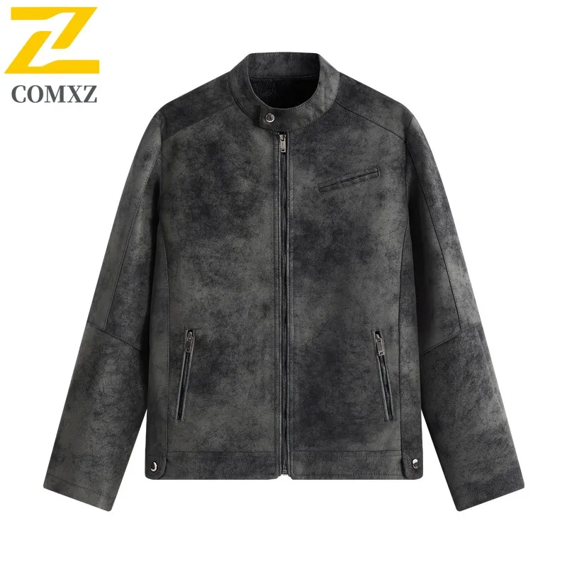 

COMXZ Mens Leather Jacket 2025 Luxury Stand Collar Hiking Travel Windproof Coats Cycling Lightweight Autumn New Windbreaker