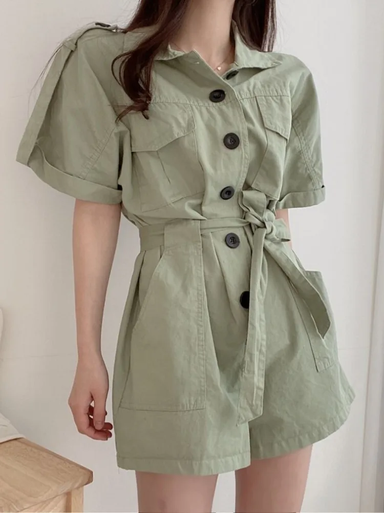 레트로 벨티드 하이웨이스트 슬리밍 유틸리티 점프수트 싱글 버튼 루즈 와이드 레그 오츠 워크웨어 슬레 여름 패셔너블