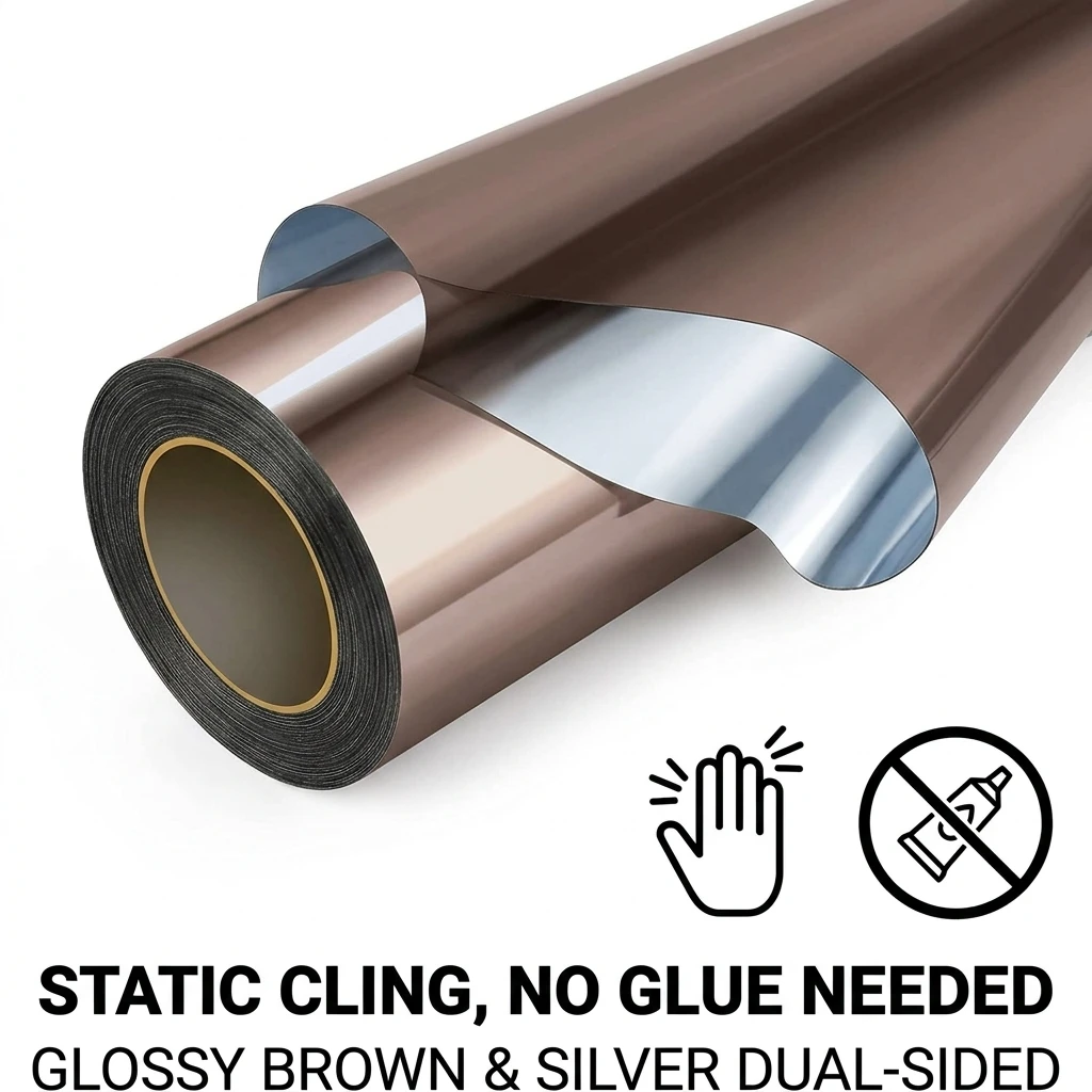 Brown Silver Static Cling Window Film Daytime Privacy Tint No Glue One-Way Heat UV Block Removable Reusable Glass Sticker