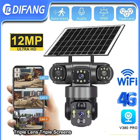 태양광 감시 카메라 12MP 6K 3렌즈 3화면 WiFi 4G 야외 IP PTZ PIR 자동 추적 CCTV 컬러 야간 투시 IP66 카메라