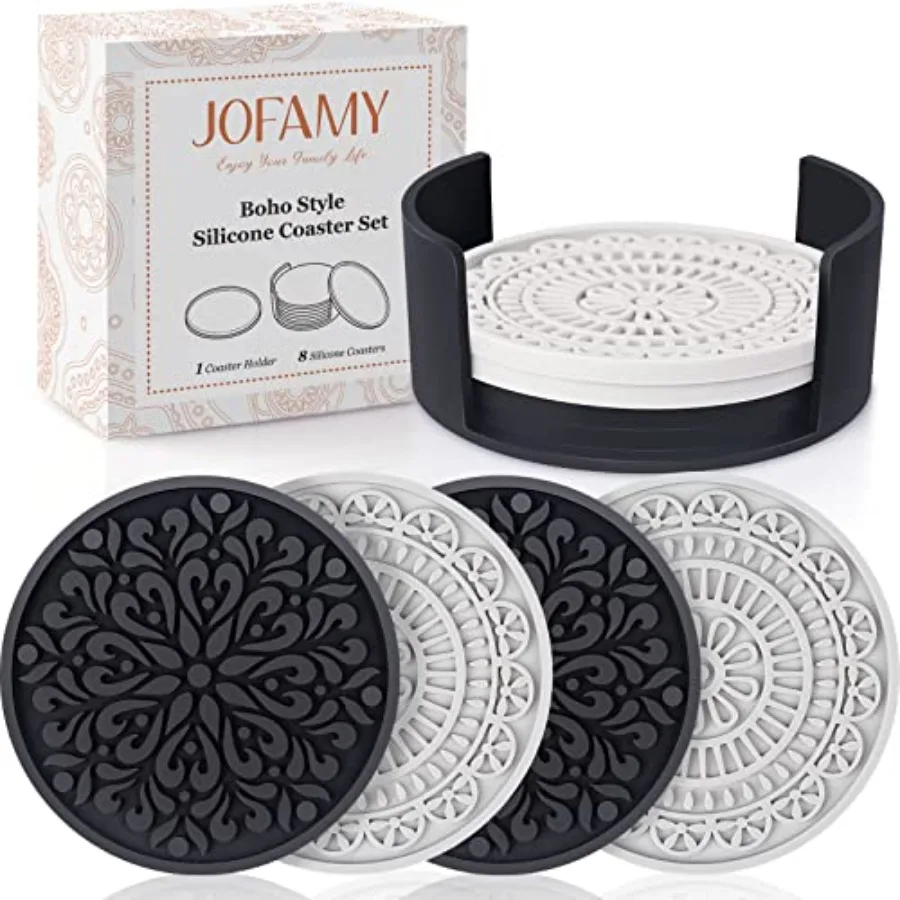 8 Posavasos Boho para Bebidas, Posavasos de Silicona con Soporte, Diseño Acanalado Estilo Boho, Protección para Mesa, para Exteriores