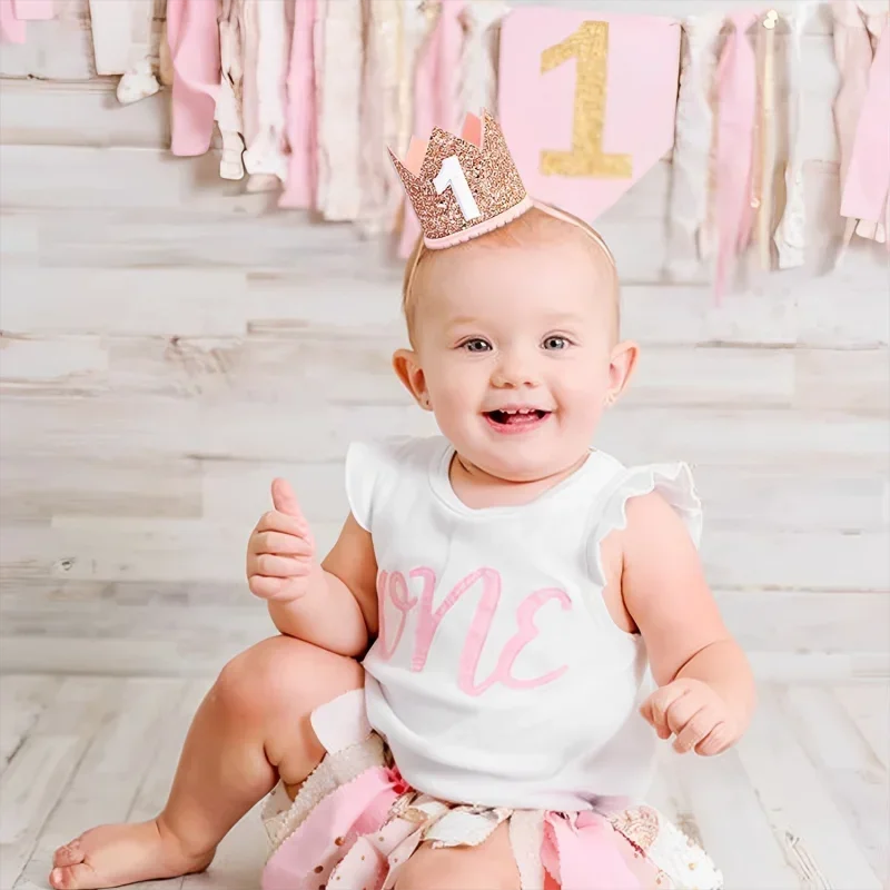 Sombrero de corona de cumpleaños para niña y niño recién nacido, gorros de decoración para fiesta de primer cumpleaños, diadema con purpurina,