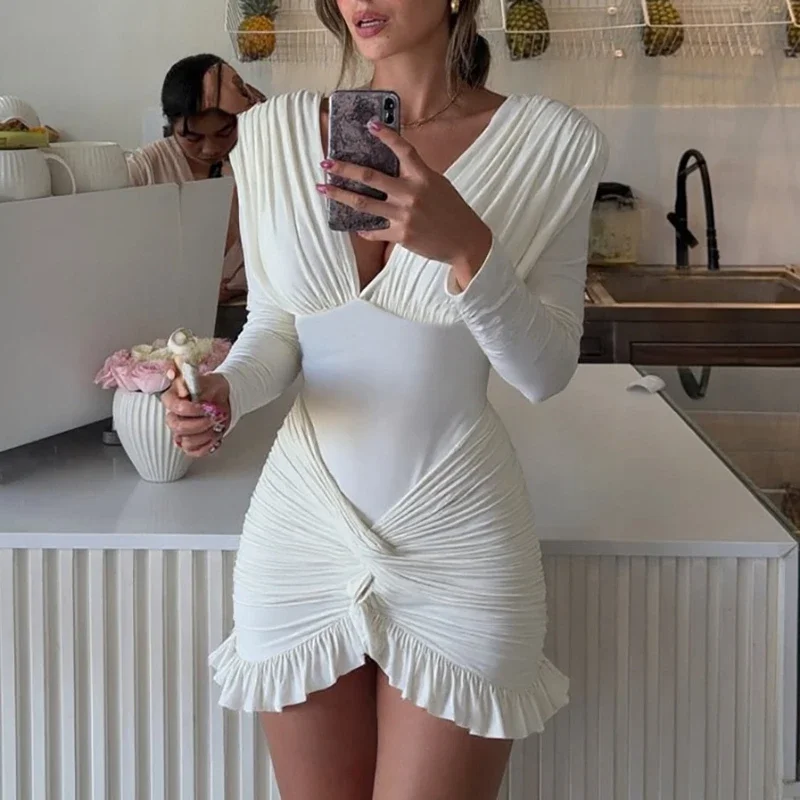 

2025 Summer Sexy V Neck Bodycon Long Sleeve Dress Women Solid Color Wrap Waist Ruffle Dress