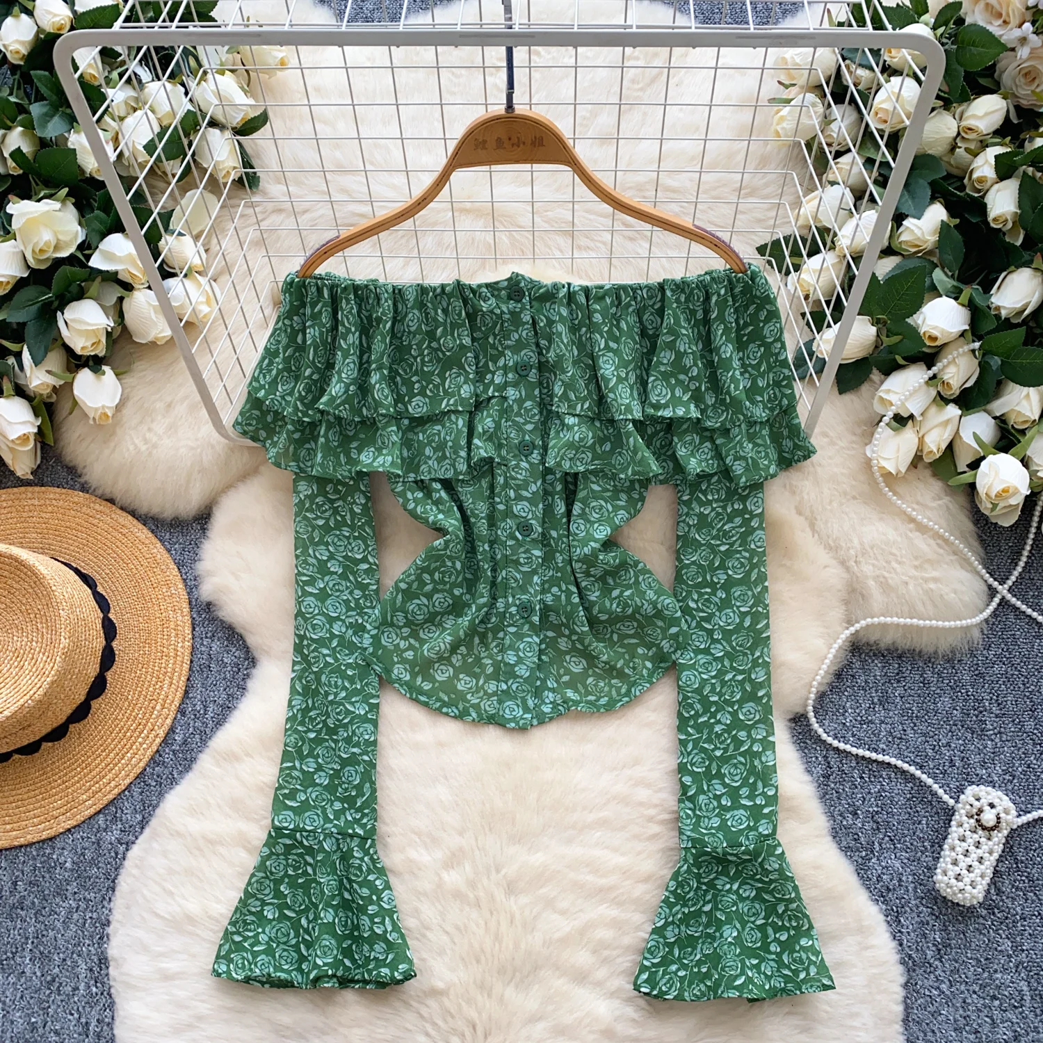 Y2k Goth Spice Girl chic ruffle button print pleated long sleeve T-shirt Women Shirt Female Slim Tops women clothing