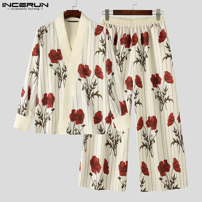 INCERUN Men Sets Flower Printing Loose V Neck Long Sleeve Shirt & Wide Leg Pants 2PCS Streetwear 2024 Fashion Men\'s Casual Suits