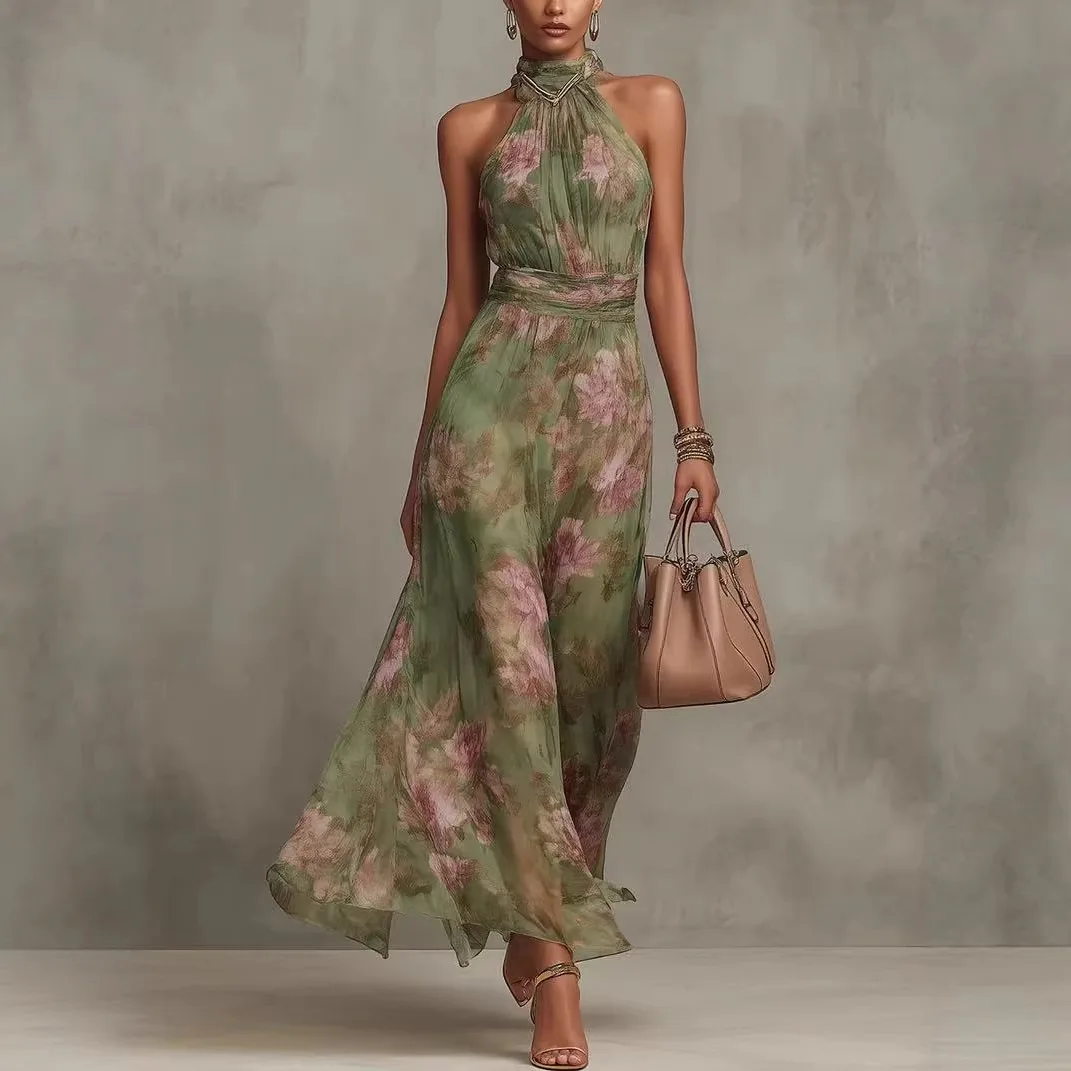 

Flower Print Women's Sleeveless Halter Maxi Dress Summer Fashion High Neck Ruched Waist Elegant Chic Holiday Party Dress