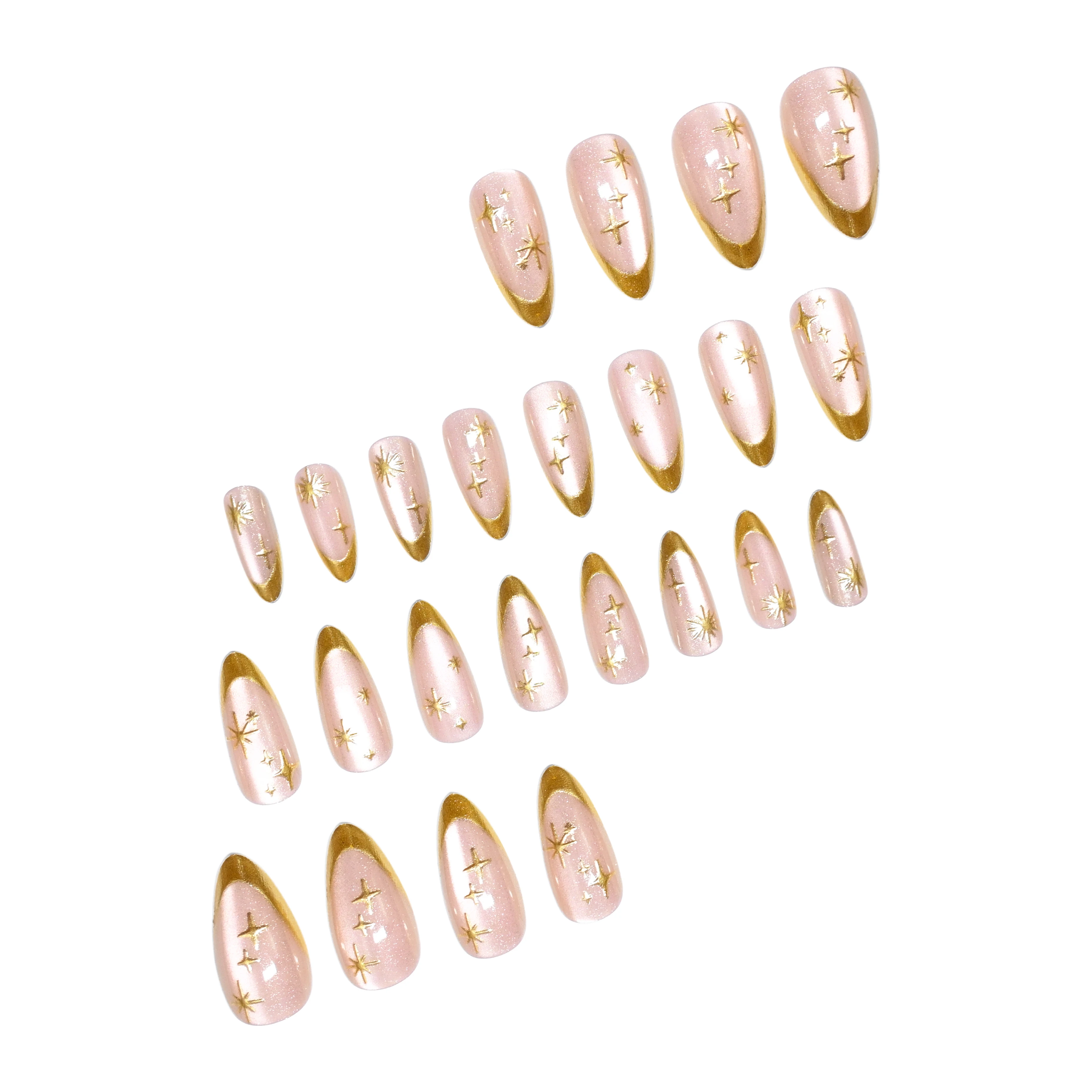 24Pcs pink cat eye smudge French nail patches, medium almond shape, decorated with golden lines, simple style, smooth surface, f