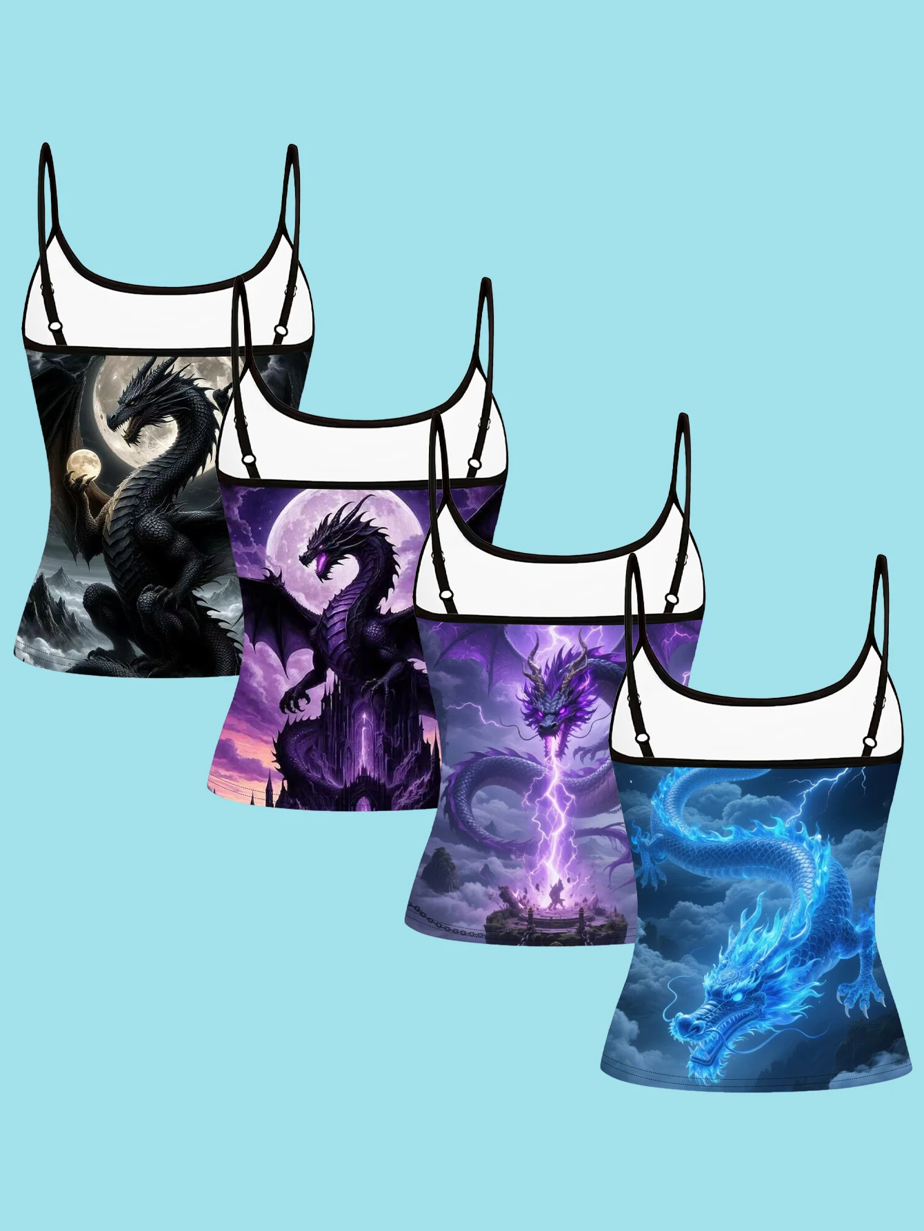 4-Piece Set of Magic Purple-Blue Thunder Dragon Castle Moon Print Camisoles, Black Background Full Moon Cloud Dragon Fantasy Illustration Women's Slim-Fit Spaghetti Strap Sleeveless Tops for Outerwear or Layering