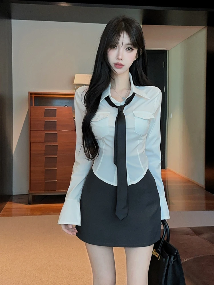 Slim Fit  Shirt And  Skirt Set Women's Fashion Sexy Style Long Sleeve Single Button Closure White Color Korean Version