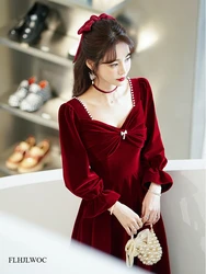 New Year Christmas Chic Elegant Annual Meeting Red Dress Women Square Neck French Design Bling Bride Long Velvet Dresses Vestido