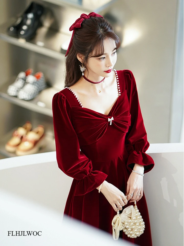 New Year Christmas Chic Elegant Annual Meeting Red Dress Women Square Neck French Design Bling Bride Long Velvet Dresses Vestido - AliExpress New Year Christmas Chic Elegant Annual Meeting Red Dress Women Square Neck French Design Bling Bride Long Velvet Dresses Vestido - AliExpress