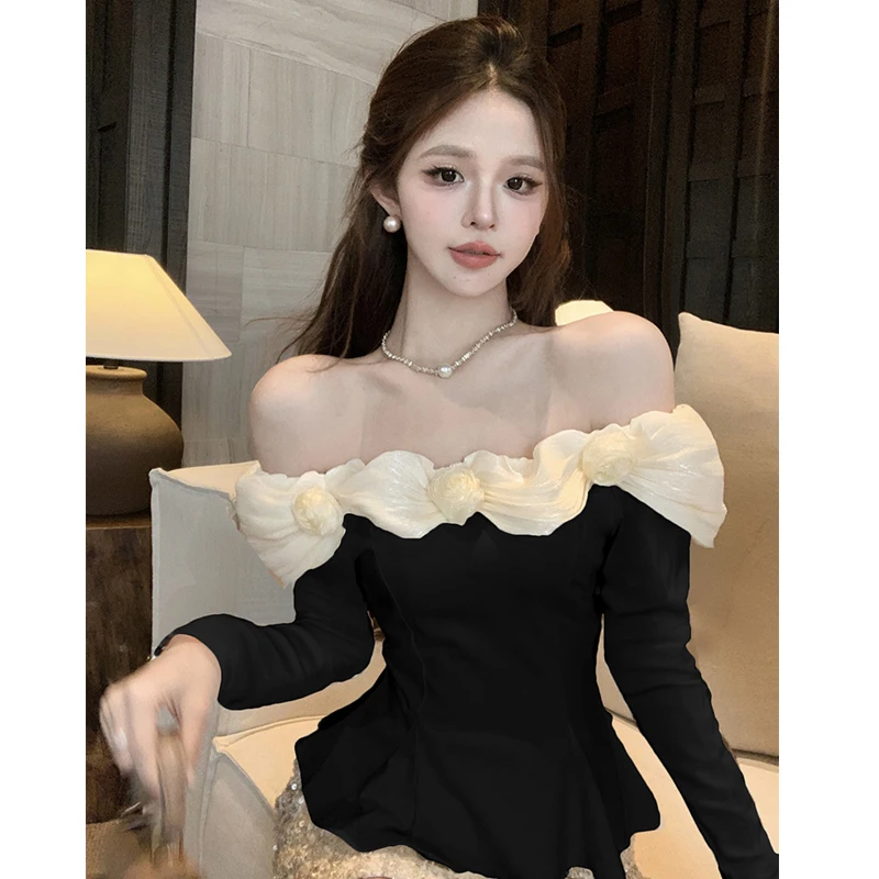 Francuskie seksowne bluzki z odkrytymi ramionami, trójwymiarowe kwiaty, kolekcja wiosna-jesień 2026, koszula damska z długim rękawem, słodkie falbanki, T-shirt.