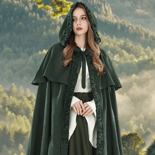 loween Gothic Witch Medieval Hooded Cloak Role-plang Costume Women's Faion Polyester Material Ethnic Stage Costume