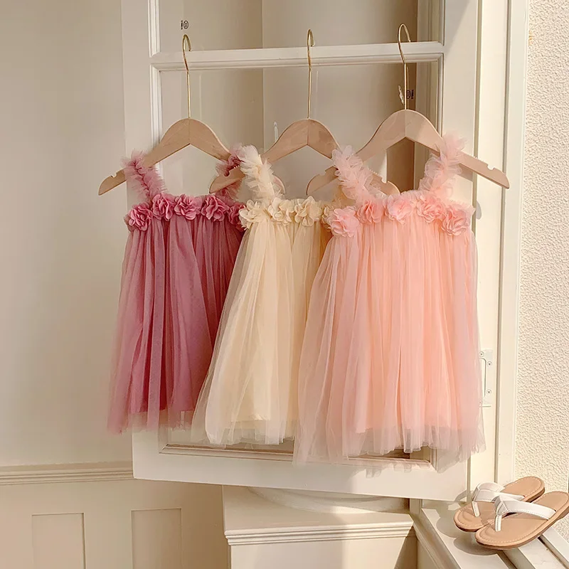 Toddler Girl Princess Dress Baby Rainbow Flowers Tulle Costume Kids Summer Sleeveless Strap Dresses Newborn Birthday Party Cloth