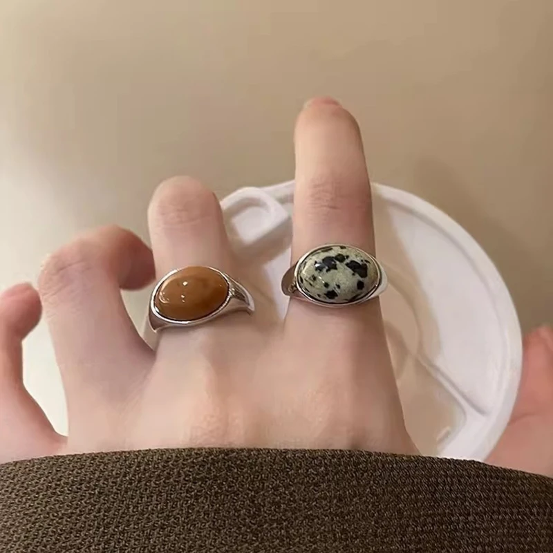 Minimalist Vintage Brown Opal Stone Rings For Women Girls Light Luxury Irregular Round Opening Ring Aesthetic Jewelry Gifts