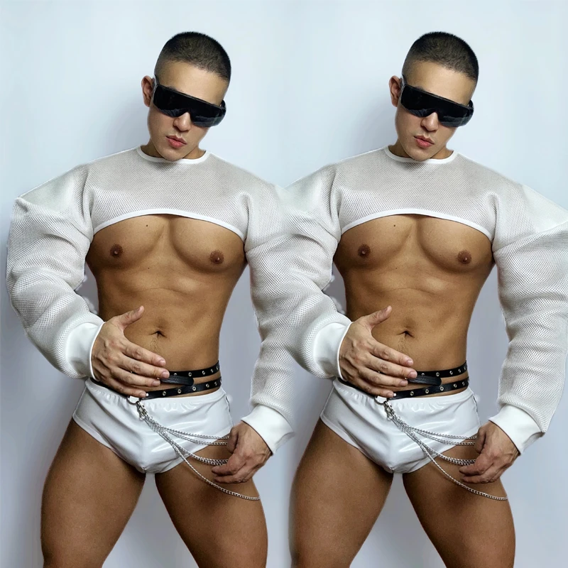 New Muscle Man Sexy Pole Dance Clothing Exaggerated Shoulder Top Jazz Shorts Men Party Dj Ds Gogo Costume Stage Rave Outfit Set