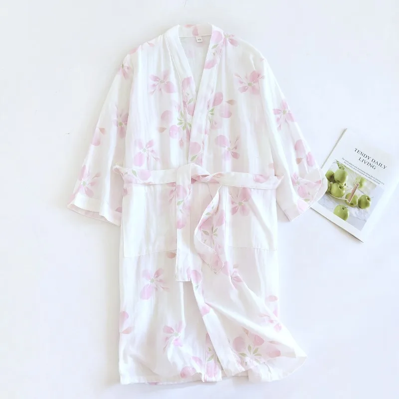 2026 New Women's Spring/Summer Sleeping Robe 100% Cotton Double Layer Gauze Bathrobe Large Size Loose Breathable Home Clothing