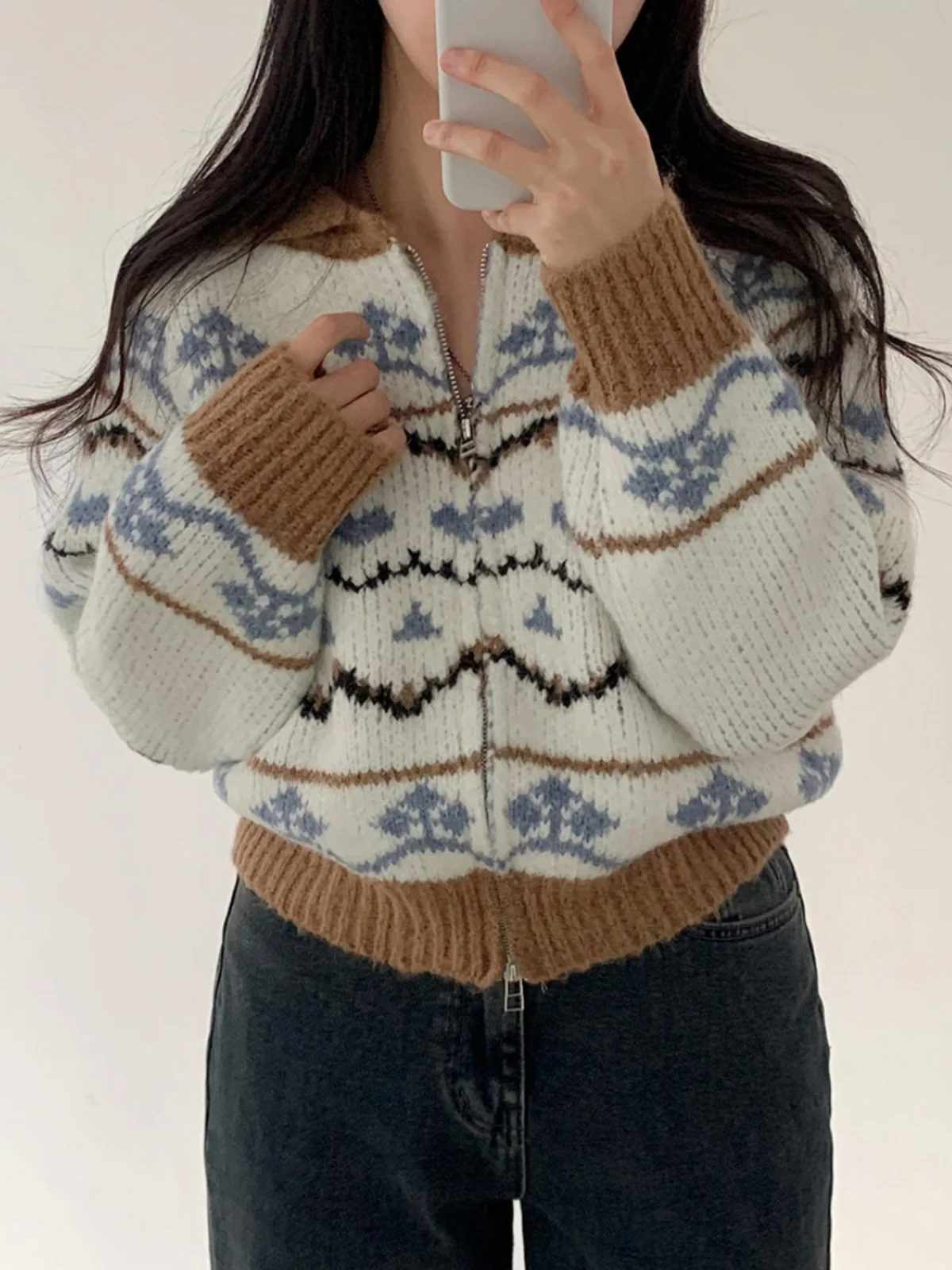 

Winter Knitted Sweater Coat Women's Zipper Design Nordic Sle Retro Floral Pattern Long Sve round Ne Casual Outerwear