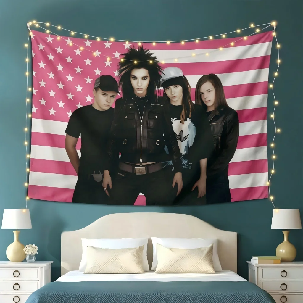 Tokyo Hotel Y2K Emo Rock Flag Band Group Portrait Pink Star Stripe Print Banner Dorm Bedroom Streaming Hanging Decor Music Fan