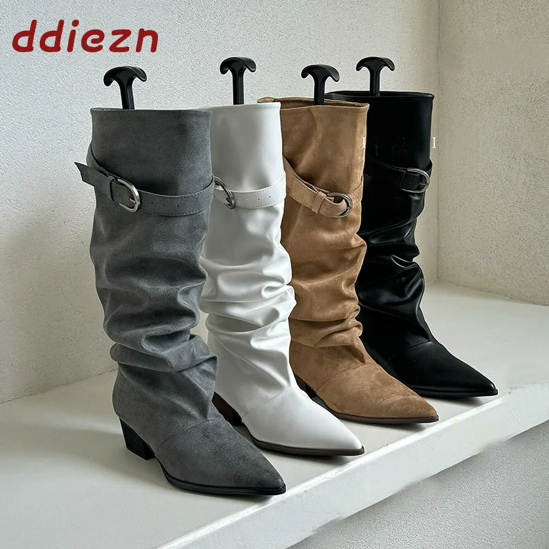 New Autumn Winter Women Knee High Boots Female Square Heels Shoes Pleated Designer Buckle Booties Pointed Toe Ladies Long Boots