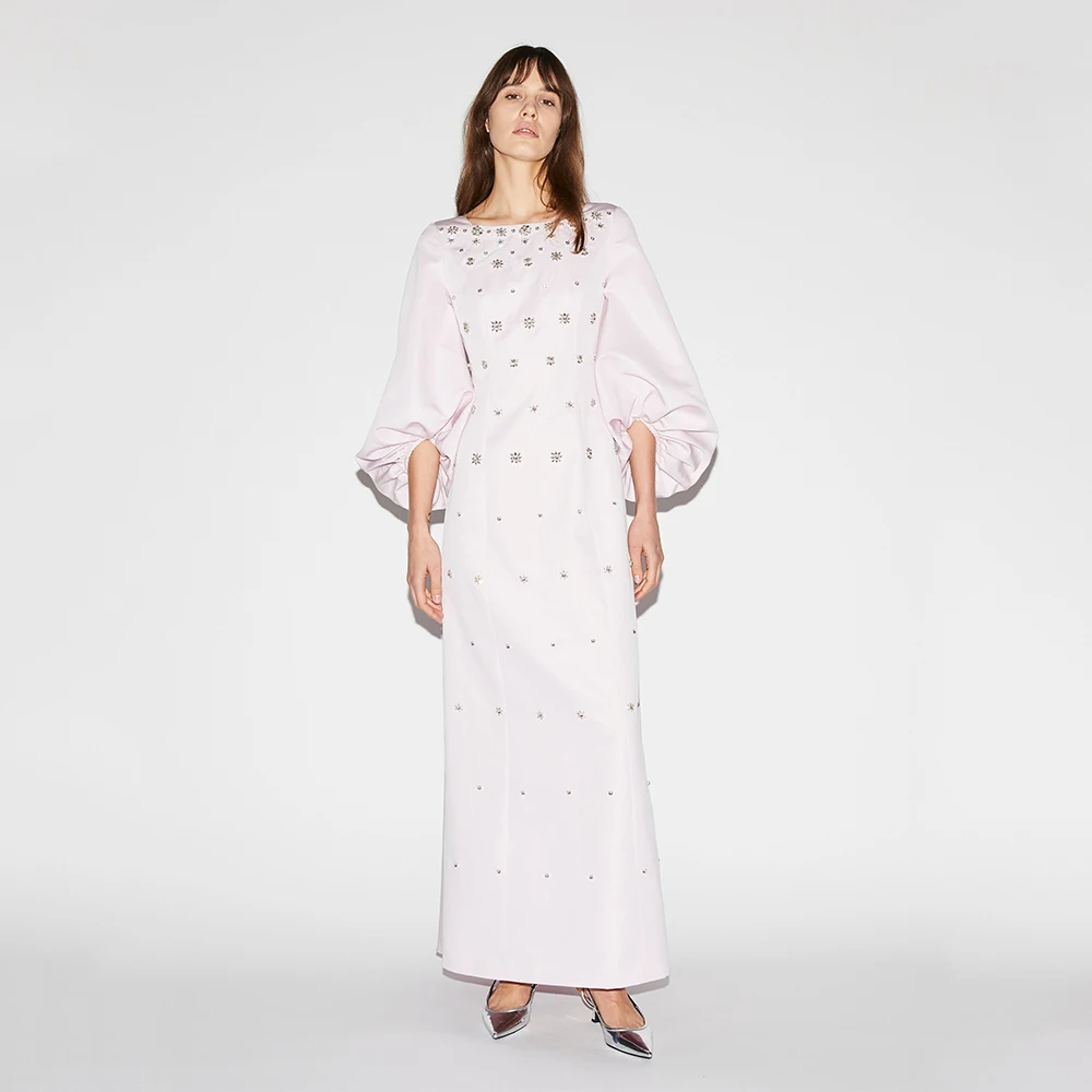 

Роскошное платье для выпускного вечера с кристаллами и пышными рукавами три четверти, вечерние платья-колонны для женщин, 2025 г., атласные вечерние платья с открытой спиной