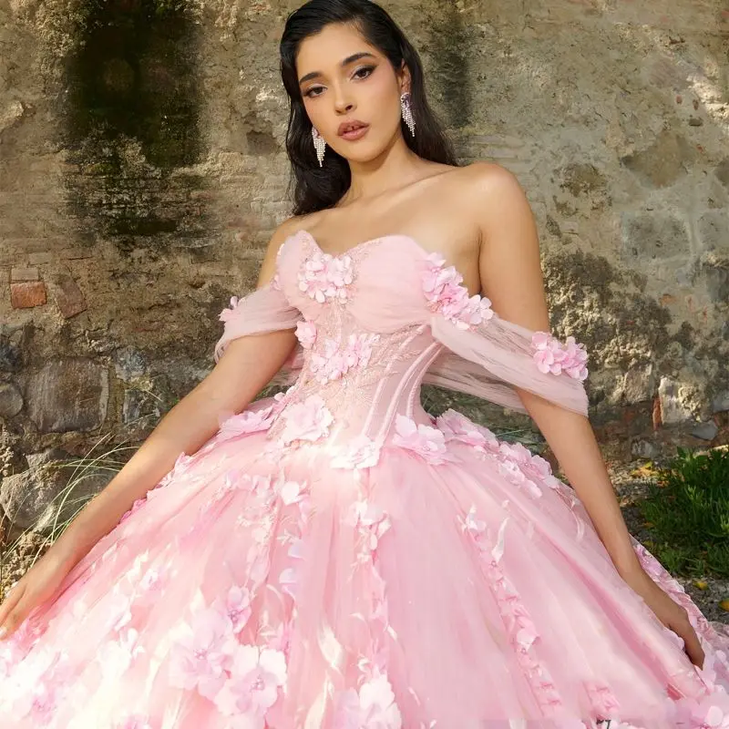 Lorencia Pink Sweetheart Quinceanera Dress Beading Appliques 3D Flower Appliques Sweet 16 Mexican Vestidos De XV Anos YQD401