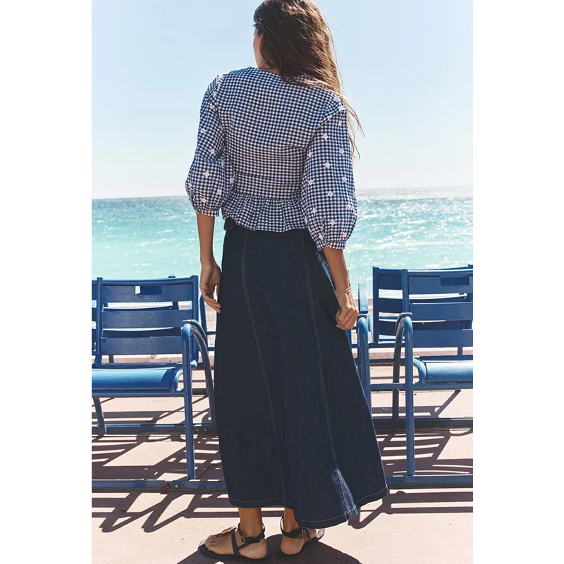 Summer New Women's Embroidered Puffy Sve V-ne irt Floral Design Beach Vaion Sle Slim Fit Long Sve Polyester Fiber