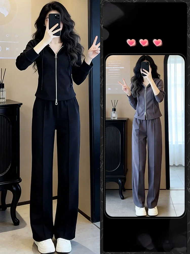 

Faionable High Waist Wide Leg Pants Hoodie Two Piece Set Women's Spring Casual Sportswear Ensemble Breathable Comfortable