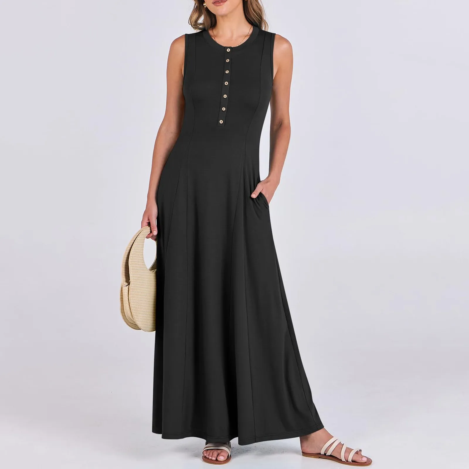 فستان نسائي طويل بأزرار خصر مرتفع بدون أكمام مع جيوب ، زي شاطئ ، فستان دبابات أحادي اللون ، نمط منتجع ، كاجوال ، صيفي