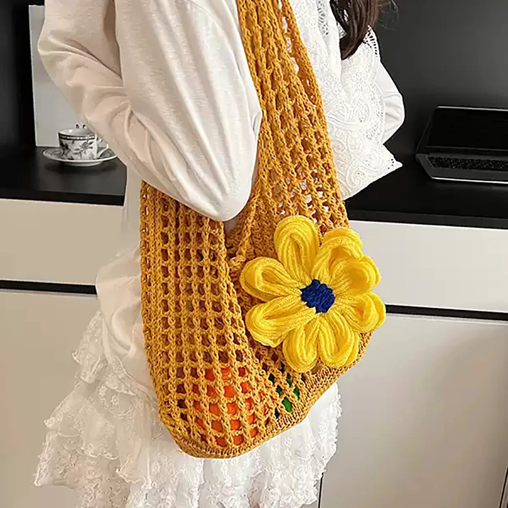 

Summer Knitted One Shoulder Bag Women Casual Large Capacity Soft Hollow Out Knitting Bags Versatile All-Match Holiday Packs