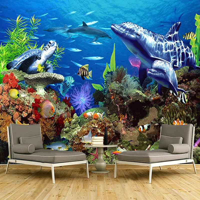 Custom Wall Mural Paper 3D Stereo Underwater World Ocean Shark Dolphin Wall Painting Living Room Children Room Decor Wallpaper