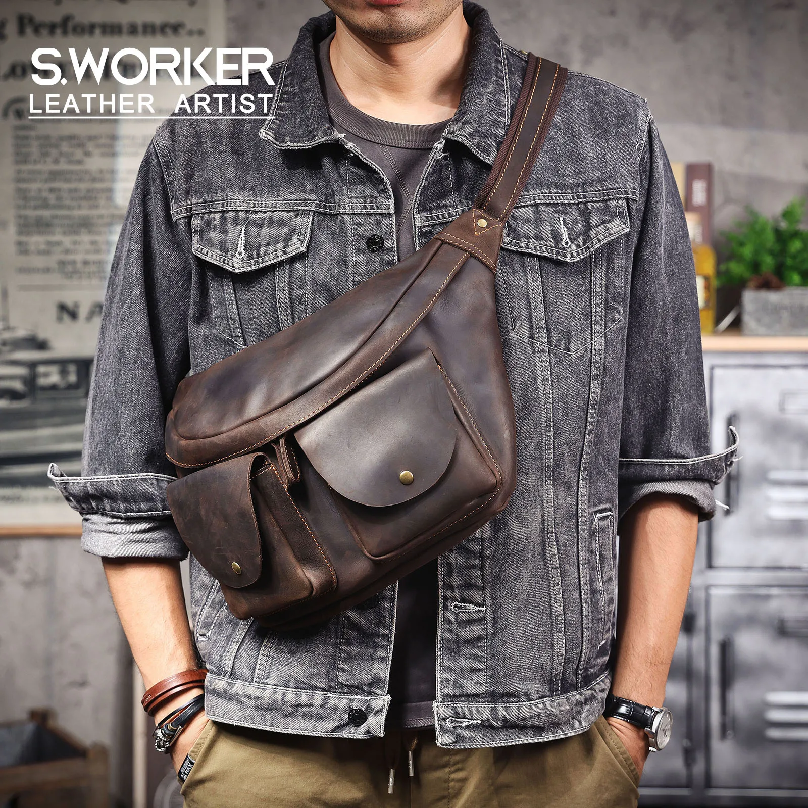 S.WORKER Vintage Vollnarbenleder Brusttasche Langlebige Große Kapazität Herren Umhängetasche Crossbody-Tasche für Männer – Detail 2