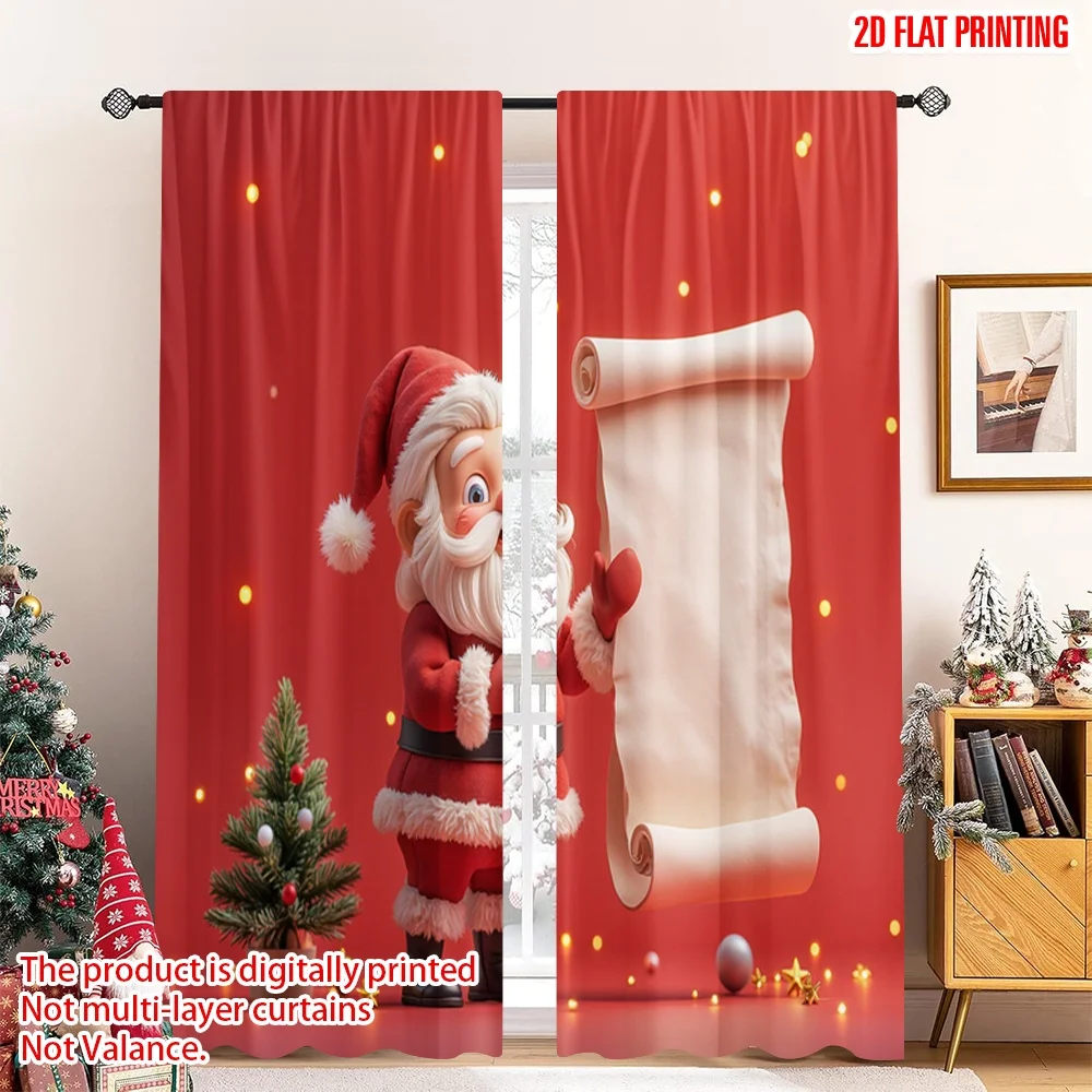 

2pcs 2D flat printing Christmas Scene Curtain Santa Christmas List Stars Fabric Without Electricity Festive Wall Decor Perfect