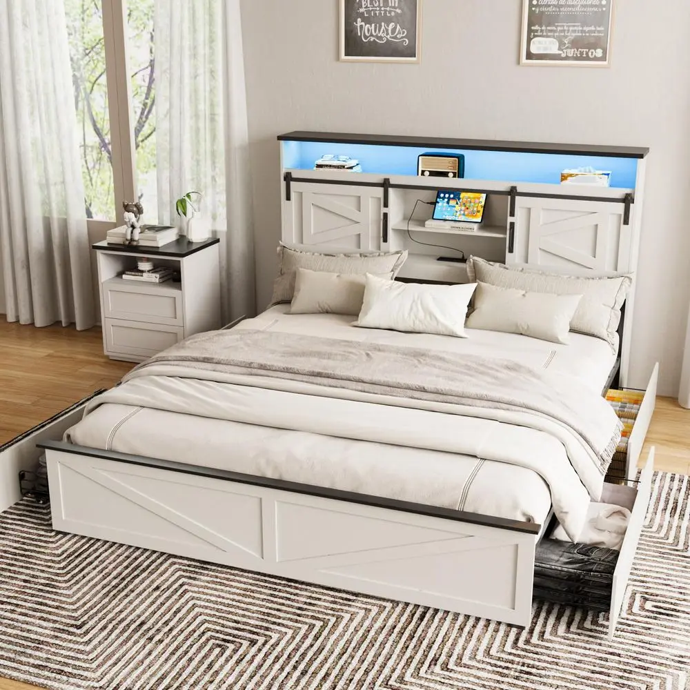 

Farmhouse King Size Bed Frame with 4 Drawers and Bookcase Headboard, Sliding Barn Door Storage Shelves, LED Lights and Charging