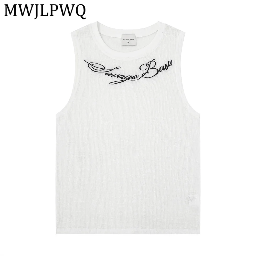 

MWJLPWQ Letter Embroidery Casual Vest For Men Summer Trendy Style American Quick-Dry Breathable Loose Fit Round Neck Tops 16419